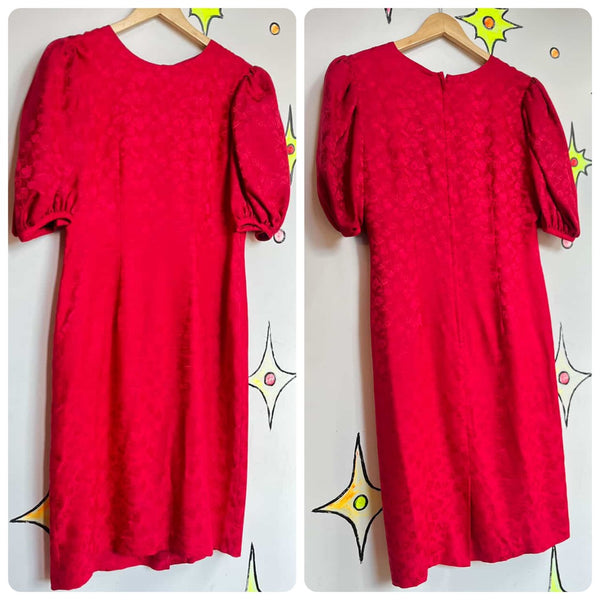Vintage 80s Cherry Red Silk Poof Sleeve Secretary Dress – Boho Grunge Glam – 8