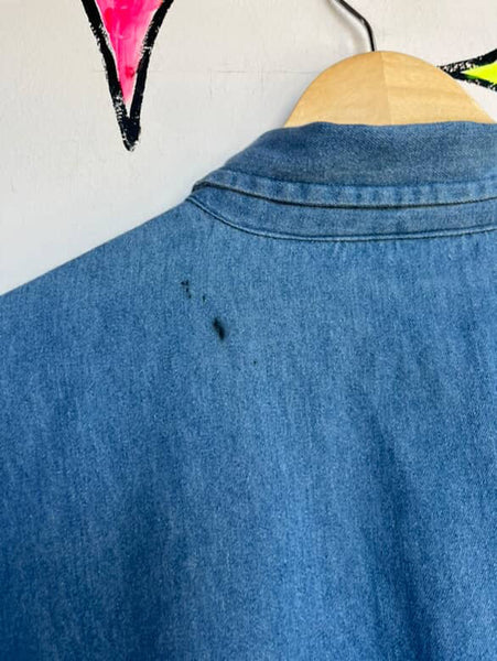 90s GITANO Denim and Plaid Flannel Long Sleeve Zip-Up Shirt | Grunge Boho | L