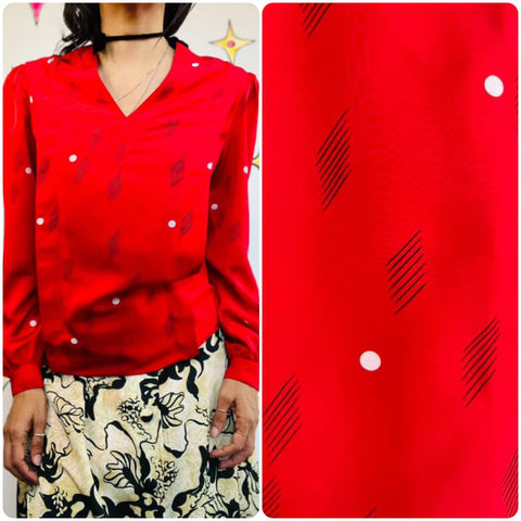 Vintage 80s Cherry Red Abstract Art Print Silky Secretary Blouse | Size 4