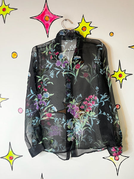 Vintage 90s Sheer Black Floral Long Sleeve Blouse | Whimsy Goth Fairy Grunge | M