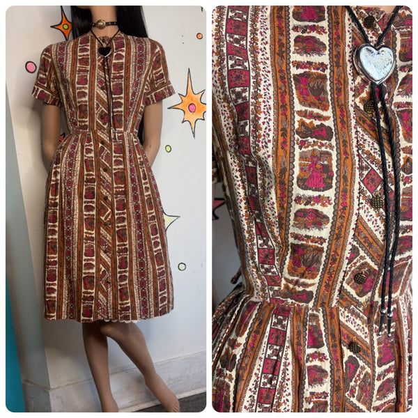 Vintage 50s Art Print Red Mustard Mid Century Fit & Flare Cotton Day Dress - M