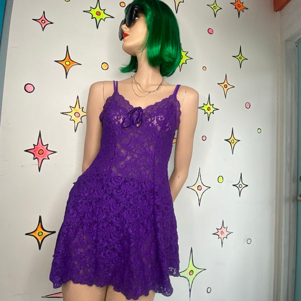 90s Vintage Purple Lace Slip Dress Delicates Gothic Romantic Mini - M