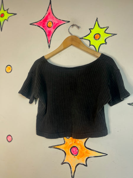 Vintage 80s 90s Black Ribbed Crop Top T-Shirt | Boho Witchy Goth Tee – M
