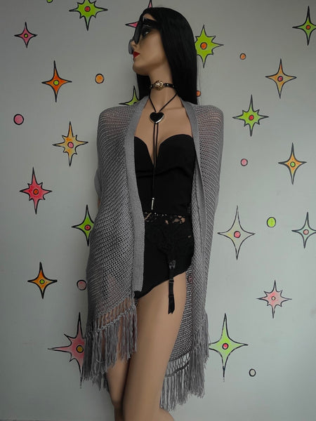 Y2K Gray Crochet Duster Vest | Boho Western Fairy Grunge Long Layering Robe