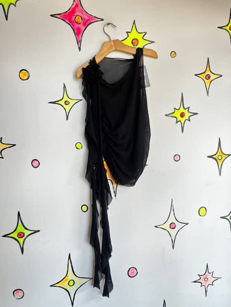 Vintage Y2K | Stretchy Black Whimsy Goth Sheer Mesh Grunge Fairy Top | S - M