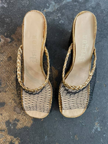Vintage 40s Black Embellished Peeptoe Platform Heels - 40s Glam Shoes - 7 - 7.5