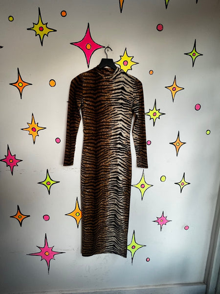 Tiger Print Maxi Dress Y2K Animal Print Bodycon Goth Grunge Stretch Dress | M