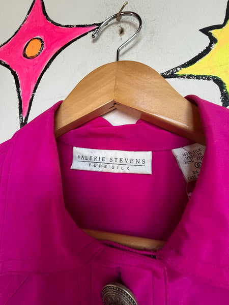 Vintage 80s Hot Pink Silk Blouse Bright Pink Glam Office Siren Top Maximalist M