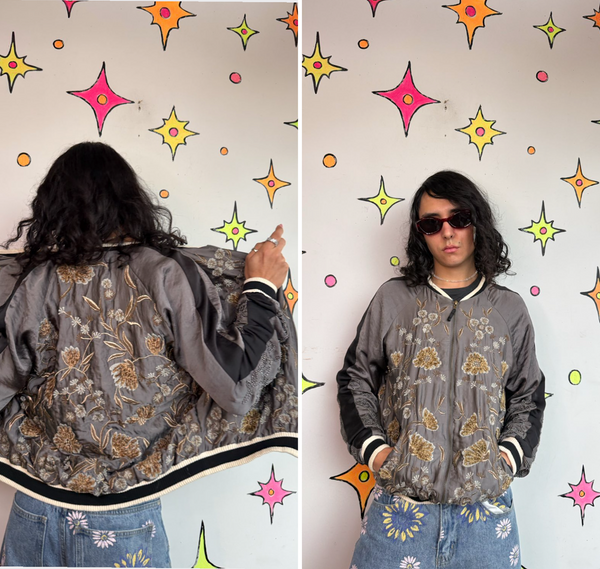 Embroidered Bomber Jacket Japanese Souvenir Jacket Y2K Glam Satin Sukajan S