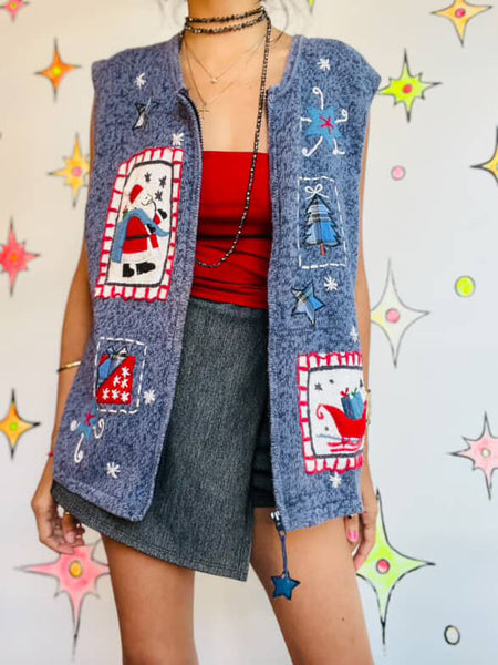 Vintage 80s 90s Ugly Christmas Sweater Santas Vest Blue Zip-Up Holiday Vest | XL