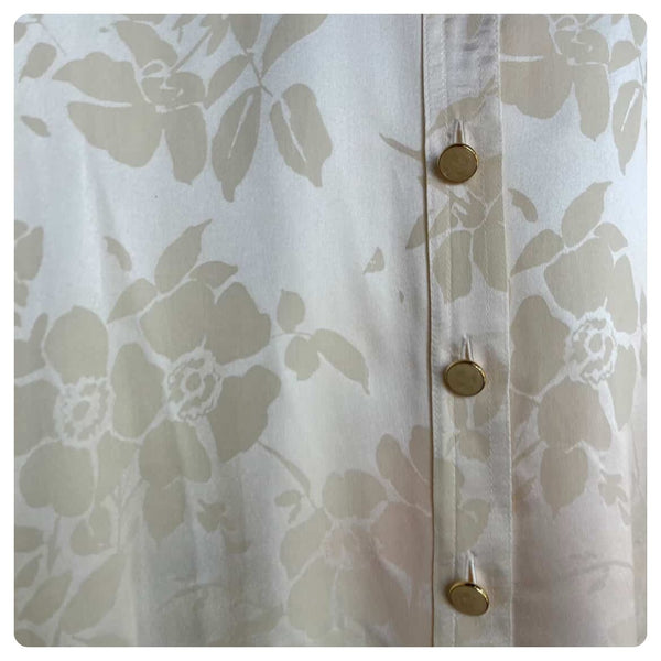 Vintage 90s ESCADA Embossed Floral Off-White Silk Blouse w Gold Buttons - L