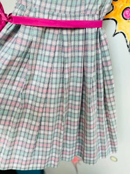 Vintage 1950s Pastel Plaid Dress | Bow Neck Fit & Flare | Size 5/6