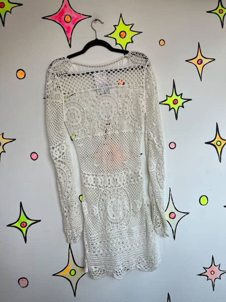 Vintage White Crochet Mini Dress | Fairy Whimsy Boho Grunge Festival Dress | S