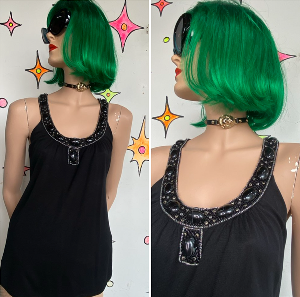 Y2K Black Silk Beaded Top Dana Buchman Whimsy Goth Fairy Glam Minimalist S