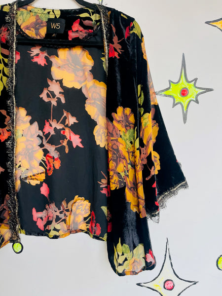 Black Velvet Kimono Floral Burnout Shimmer | Sheer Witchy Whimsy Goth Fairy | L