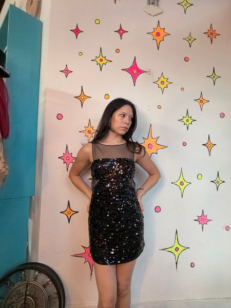 Black Beaded Mini Dress Sheer Cutout Cocktail Party Goth Glam Dress S
