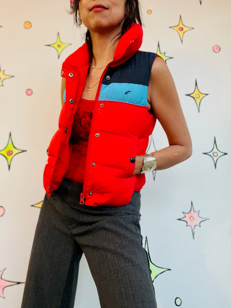 Vintage 70s 80s Retro Cherry Red Striped Puffer Vest - Quilted - Sporty - XS