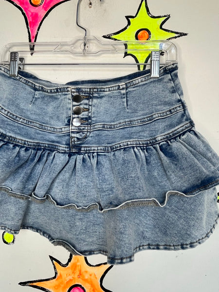 Y2K Stretch Denim Ruffle Mini Skirt Micro Skirt Baddie McBling Core S/M