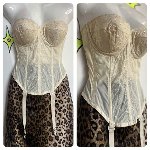 Vintage Off-White Lace Bustier with Garters Victorian Revival Lingerie – 36A