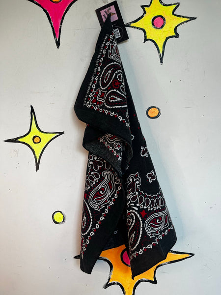 Vintage USA Made Classic Bandana Black Red Paisley 100% Cotton Americana 20x20