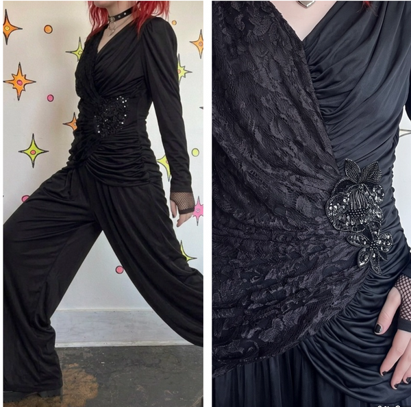 Vintage 80s Black Ruched Lace Jumpsuit | Goth Glam Formal Party Gown – L