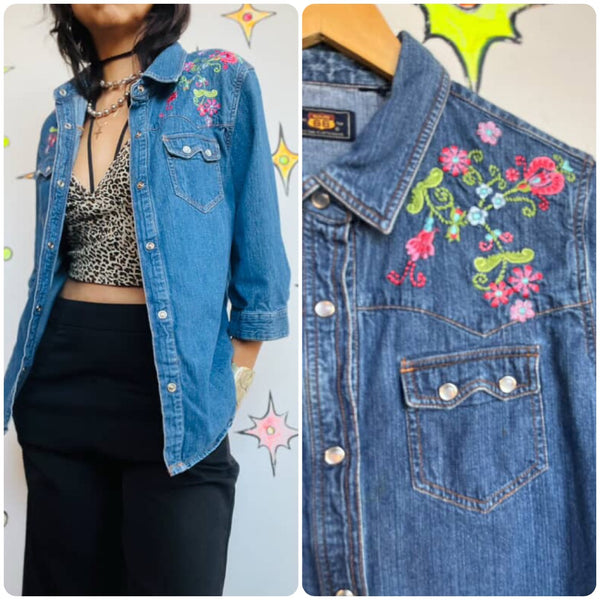 Vintage 90s Route 66 Embellish Denim Pearl Snap Top Fairy Grunge Western Boho M