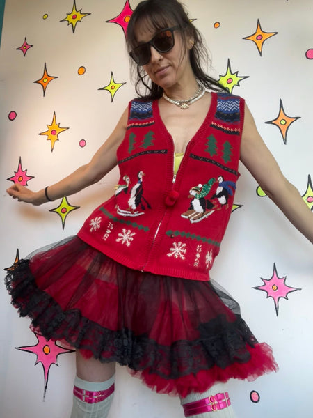 Vintage Christmas Vest Ugly Tacky Holiday Skiing Penguins X Mas Party Sweater XL