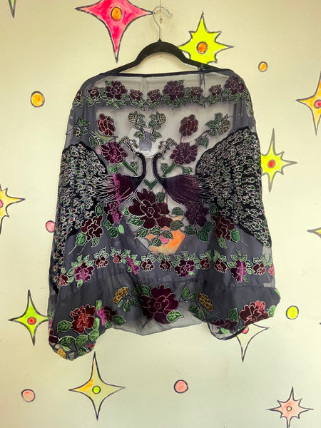 Burnout Velvet Peacock Beaded Shawl Cape Witchy Flapper Whimsy Goth Glam
