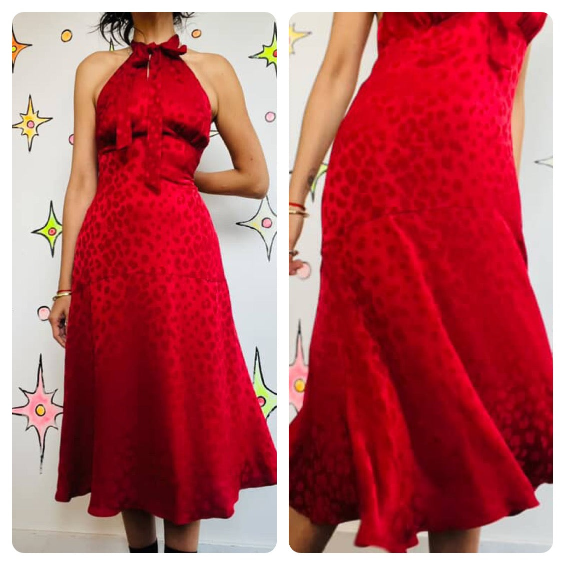 Michael Kors Red Leopard Print Silk Halter Dress Siren Cocktail Party Dress - 8