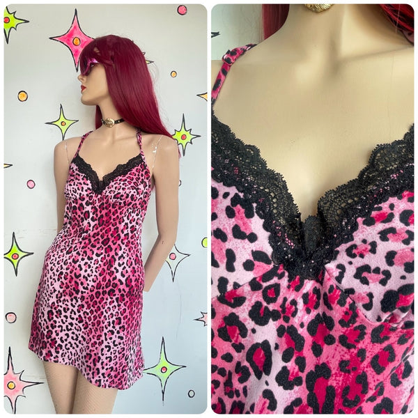 Y2K Pink Leopard Slip Dress Animal Print McBling Indie Sleaze Grunge M