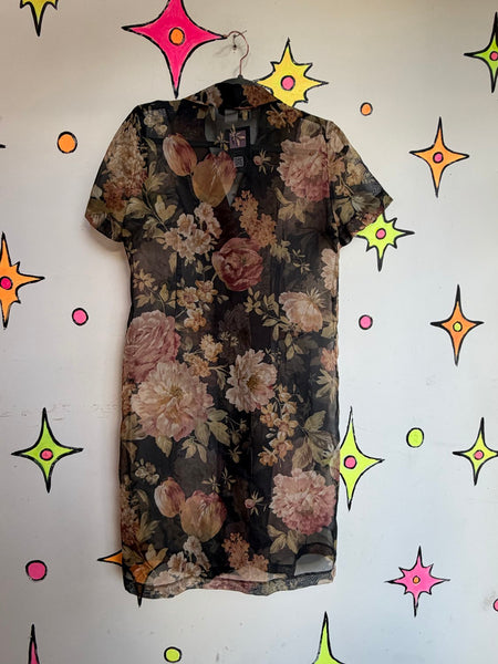 90s Vintage Black Floral Sheer Mini Dress Whimsigoth Fairy Grunge | M