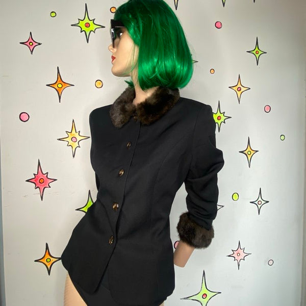 Vintage 90s Black Blazer Vegan Fur Trim Positive Attitude Office Siren Glam - M