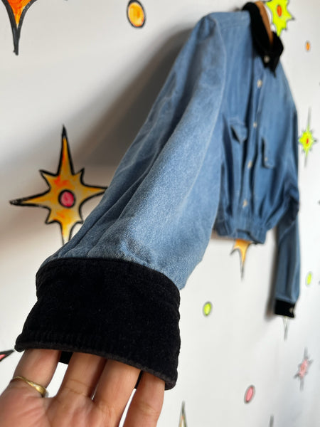 90s Grunge Denim Crop Top | Velvet Collar & Cuffs | Long Sleeve Button-Up (S)