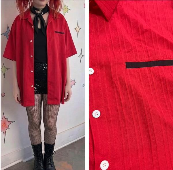 Retro 90s does 50s Men’s Red & Black Rockabilly Button Up Shirt Lightweight L