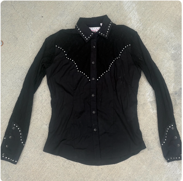 Vintage Rhinestone Pearl Snap Shirt Black Western Cowgirl Goth Glam Bling Top S
