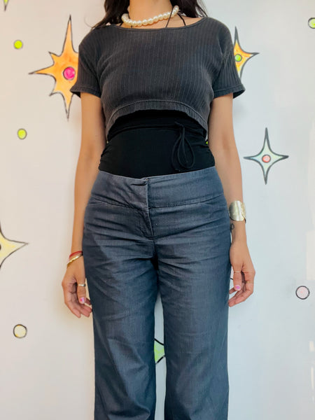 Vintage 80s 90s Black Ribbed Crop Top T-Shirt | Boho Witchy Goth Tee – M