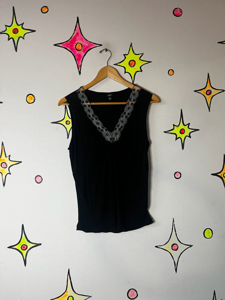 Vintage Y2K Black Lace Trim Romantic Goth Fairy Grunge Super Soft Tank Top XS S