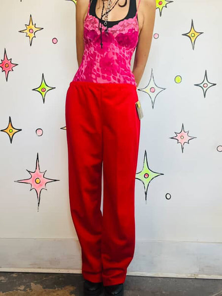 Vintage 70s Cherry Red Disco Bellbottom Pants – Groovy Polyester Wide Leg – M