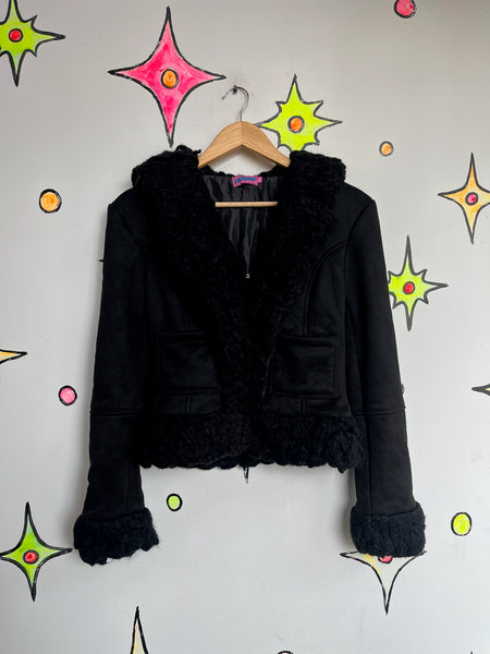 Y2K Black Faux Fur Trim Jacket Fairy Grunge Whimsy Goth Glam - XS