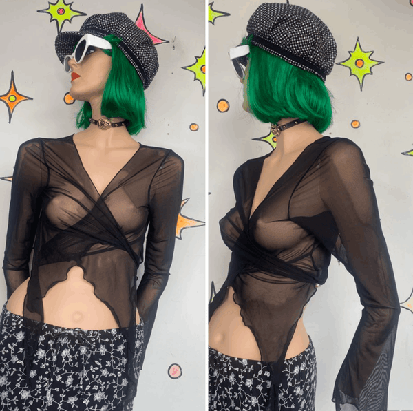 Black Sheer Goth Layering Wrap Top Bell Sleeves Lettuce Hem Whimsigoth L