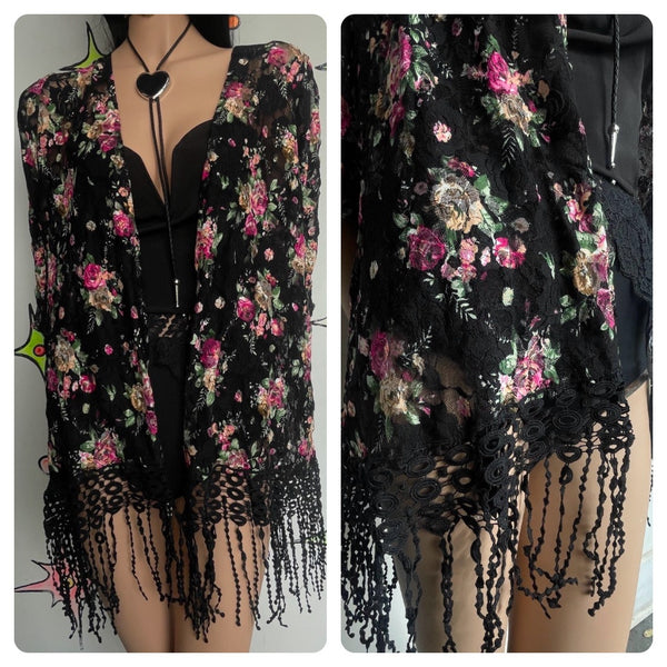 Y2K Black Lace Fringe Top | Whimsy Goth Boho Western Fairy Duster Blouse ML