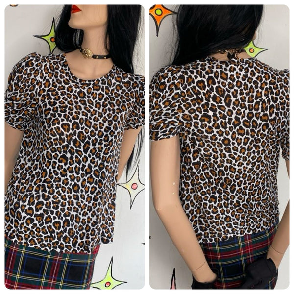 Y2K Leopard Puff Sleeve Tee Grunge Glam Rocker Grunge Top - Small