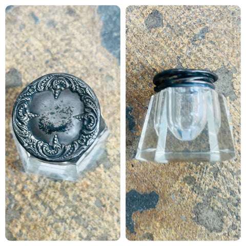 Antique Glass & Sterling Silver Inkwell – Elegant Desk Decor