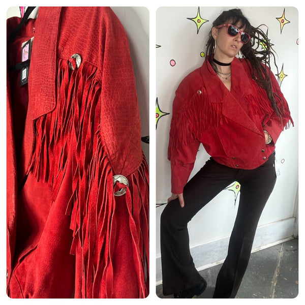 Vintage Red Suede Jacket 80s Cropped Fringe Leather Western Grunge L XL