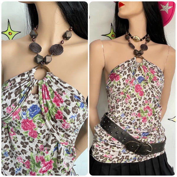 Y2K Leopard Print Floral Halter Top | Beaded Necklace 2-in-1 Jewelry / Top XS/S