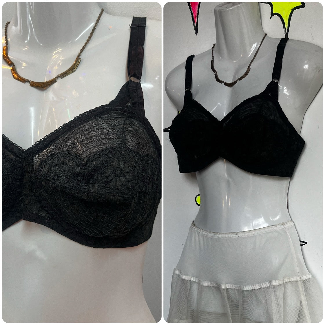 Vintage 1950s Bra | Black Bullet Bra Lace Goth Pin up Lingerie | 36C