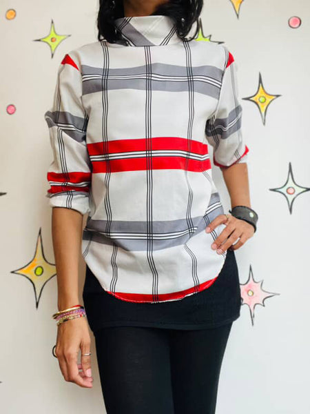 Vintage 70s 80s White & Red Plaid Secretary Blouse - Retro Statement Top - S M