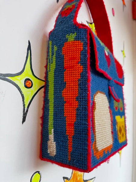 Vintage Kitschy Lunch Bag Purse – Cross-Stitch Sandwich – Handmade Picnic Bag