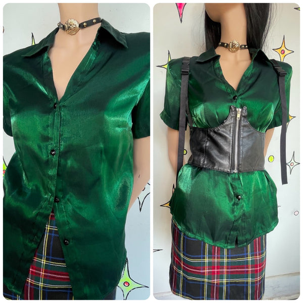 Emerald Metallic Button Up Shirt - 90s Vintage Fairy Grunge Cyber Party Top M/L