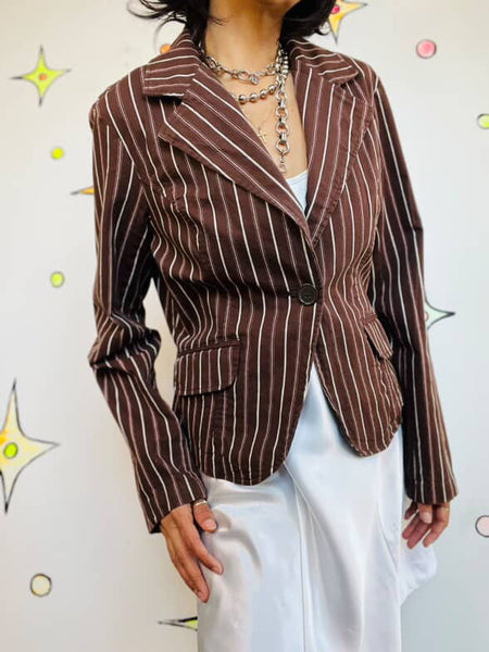 Y2K Preppy Glam Brown Pinstripe Blazer – White & Pink Stripes Office Siren – XL